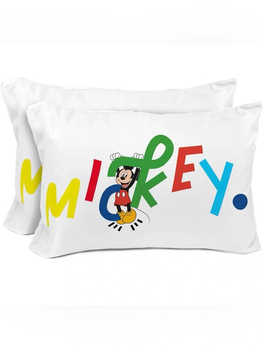 Disney White Pillowcase Pair with Multicolor Letters and Mickey Graphic